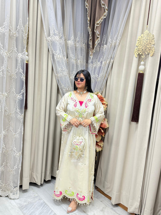 Premium Shimmer Silk Pheran Dress with Potli – Elegant Ethnic Wear