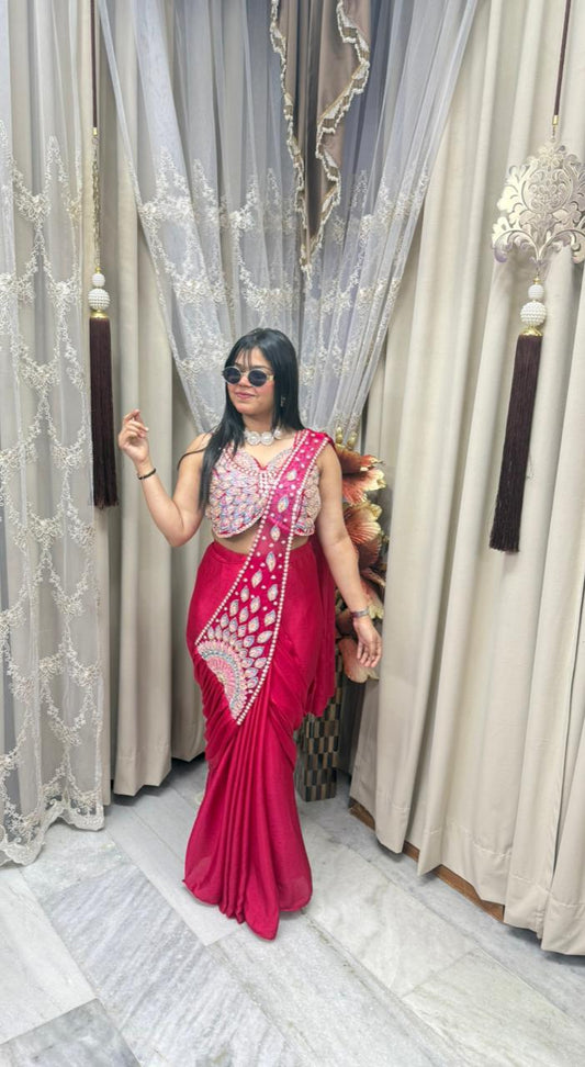 Designer Butterfly Ready-to-Wear Saree with Full Handwork – Chinon Silk