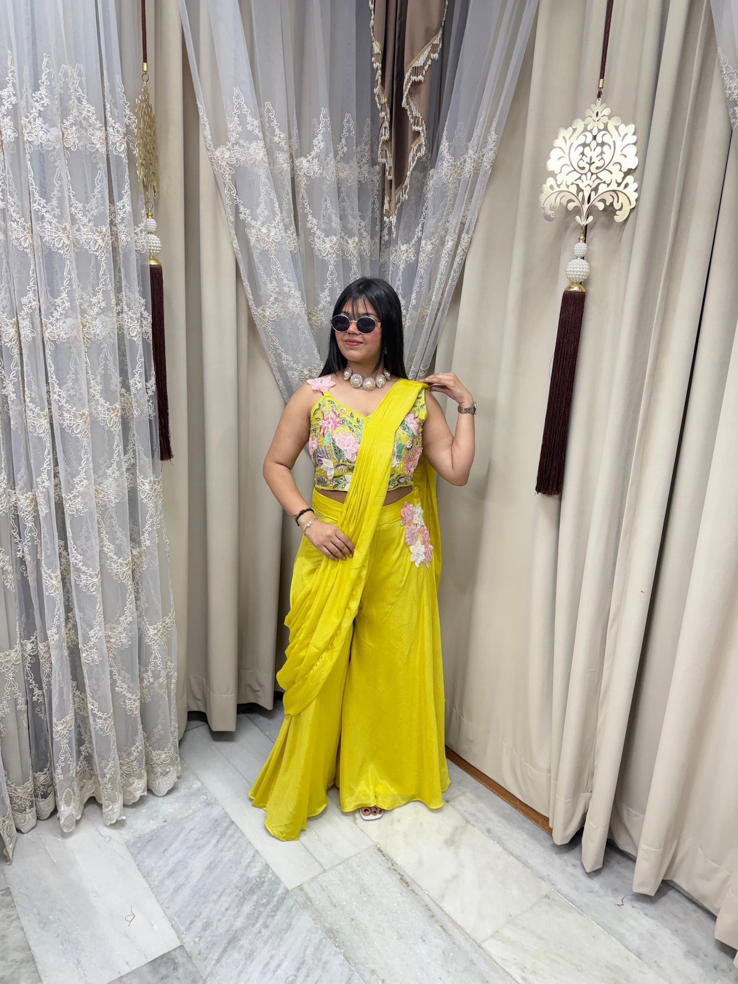 Designer Yellow Plazo Saree with Embroidered Blouse – Chinon Fabric