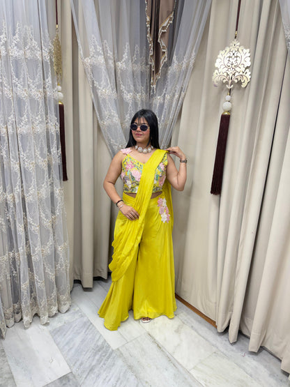 Designer Yellow Plazo Saree with Embroidered Blouse – Chinon Fabric