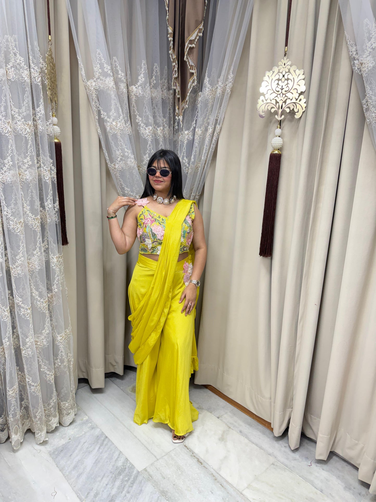 Designer Yellow Plazo Saree with Embroidered Blouse – Chinon Fabric