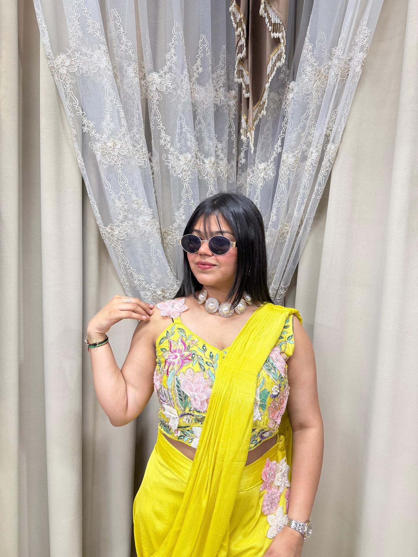 Designer Yellow Plazo Saree with Embroidered Blouse – Chinon Fabric