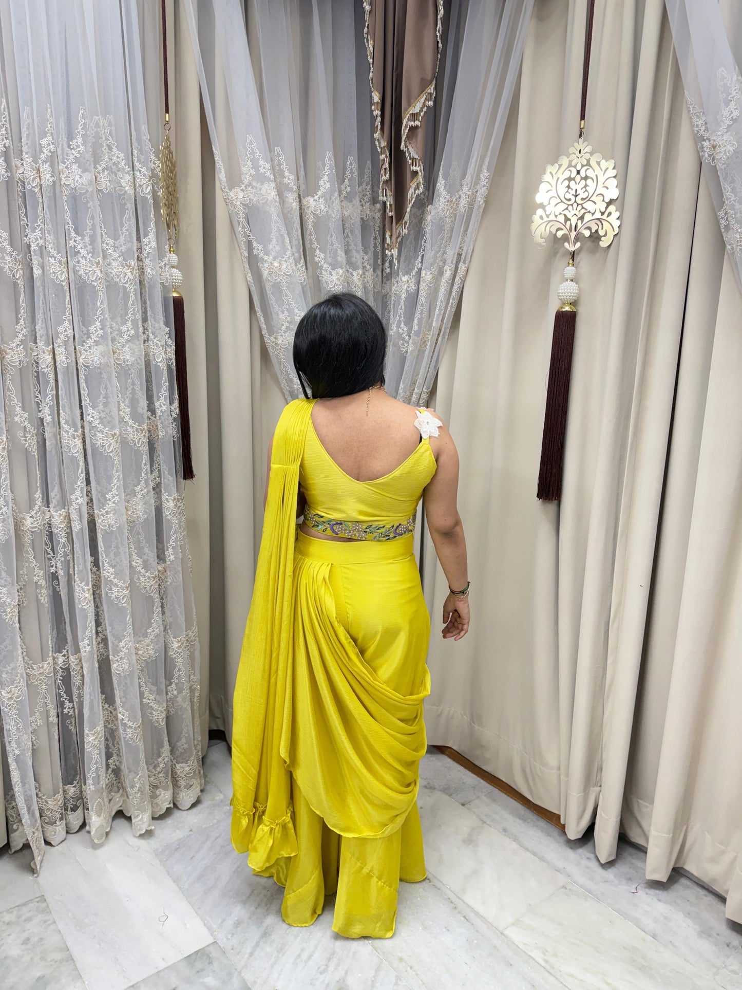 Designer Yellow Plazo Saree with Embroidered Blouse – Chinon Fabric