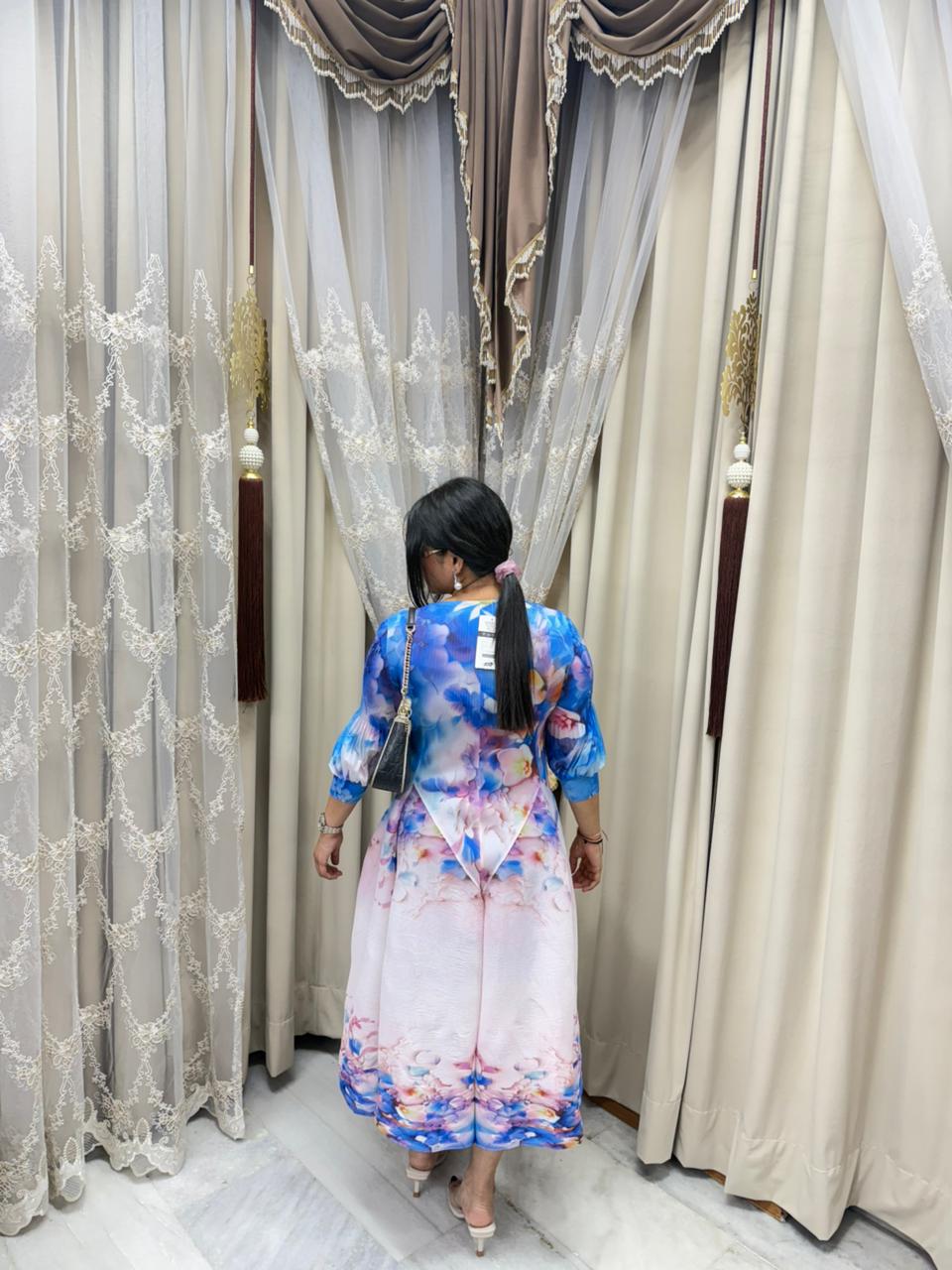 Premium Korean Magic Dress – Pastel Watercolor Floral Print | Soft Flowy Designer Dress