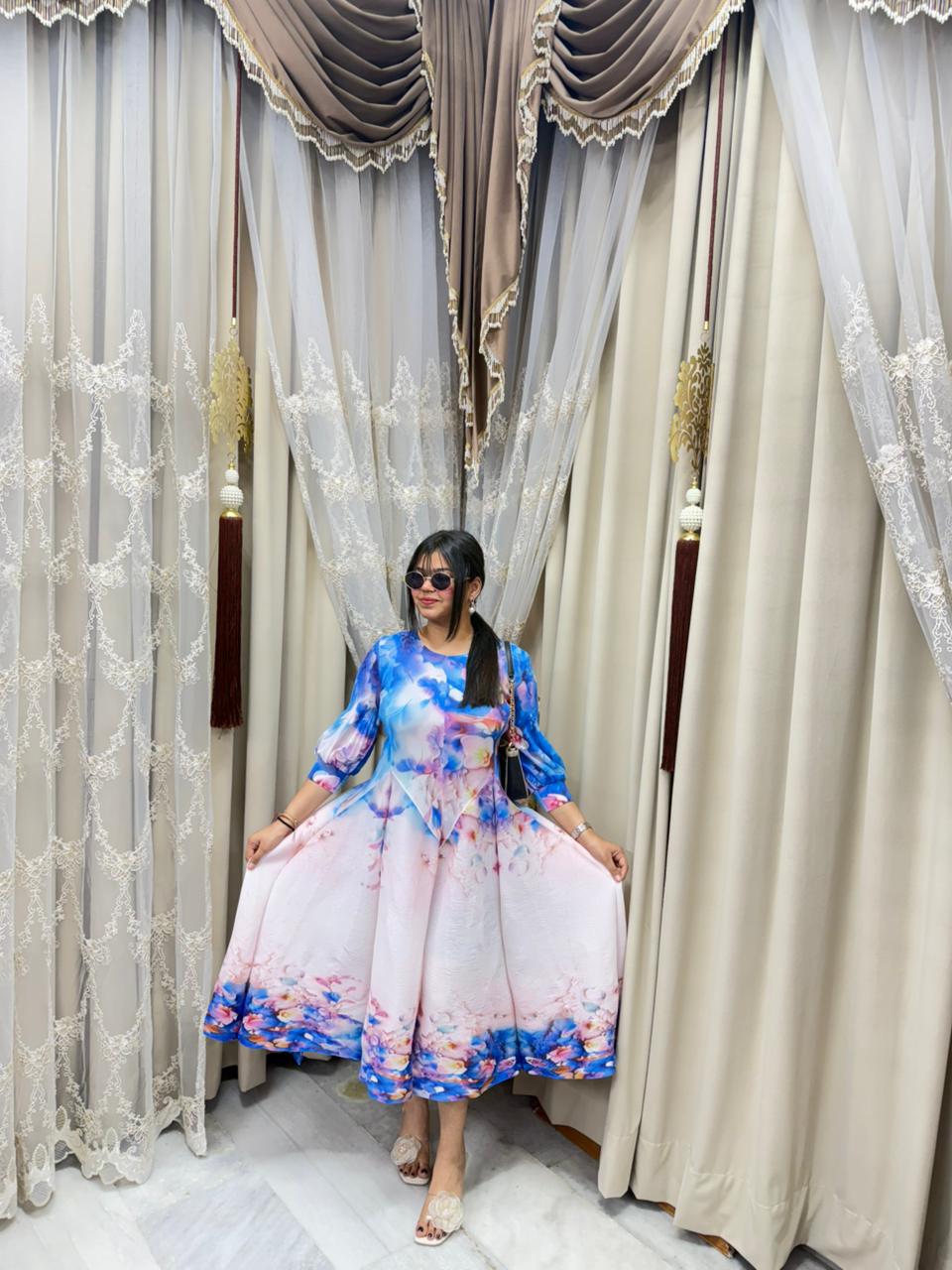 Premium Korean Magic Dress – Pastel Watercolor Floral Print | Soft Flowy Designer Dress