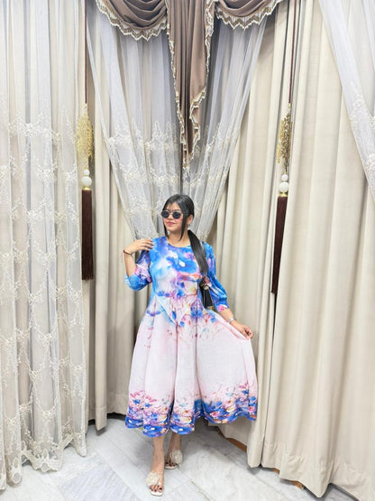 Premium Korean Magic Dress – Pastel Watercolor Floral Print | Soft Flowy Designer Dress