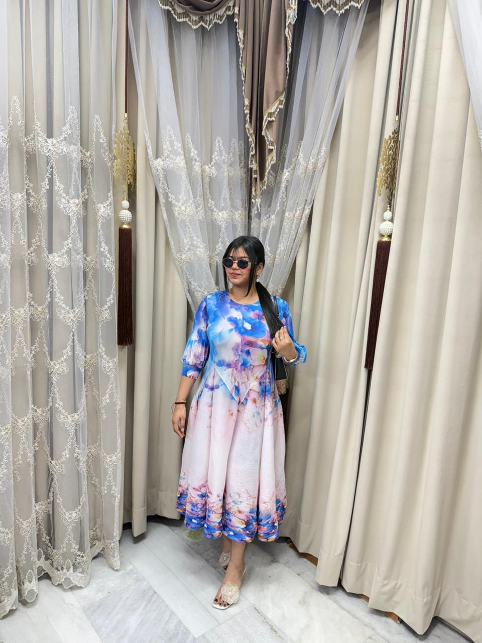 Premium Korean Magic Dress – Pastel Watercolor Floral Print | Soft Flowy Designer Dress