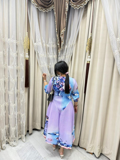 Premium Korean Magic Dress – Pastel Watercolor Floral Print | Soft Flowy Designer Dress