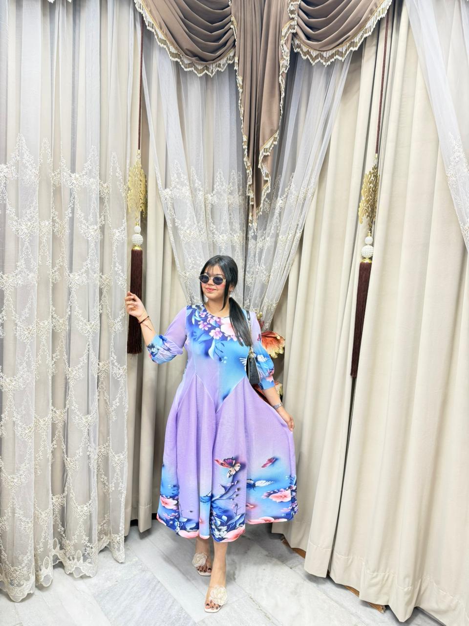 Premium Korean Magic Dress – Pastel Watercolor Floral Print | Soft Flowy Designer Dress