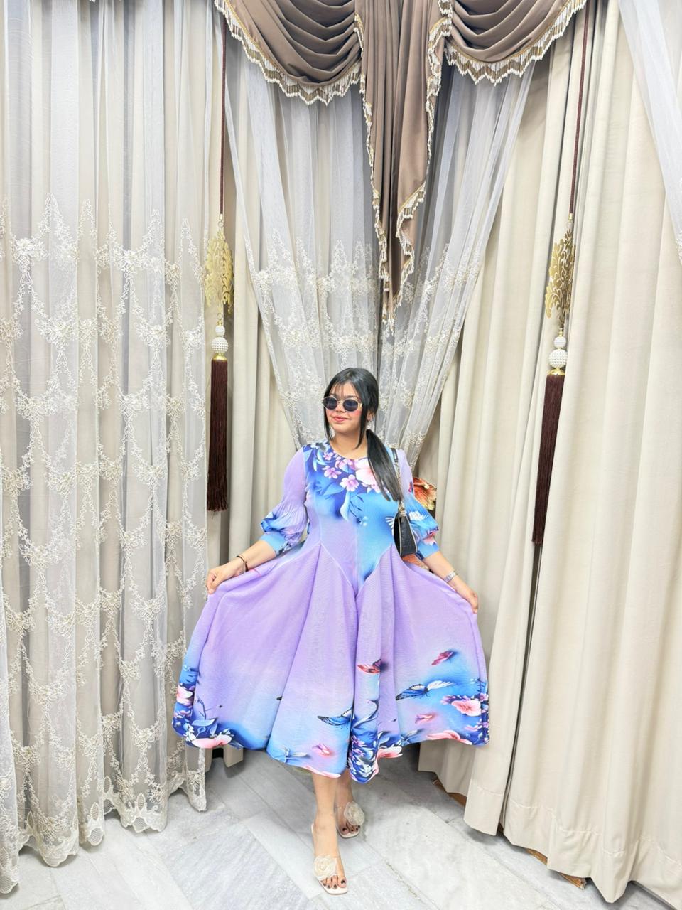 Premium Korean Magic Dress – Pastel Watercolor Floral Print | Soft Flowy Designer Dress