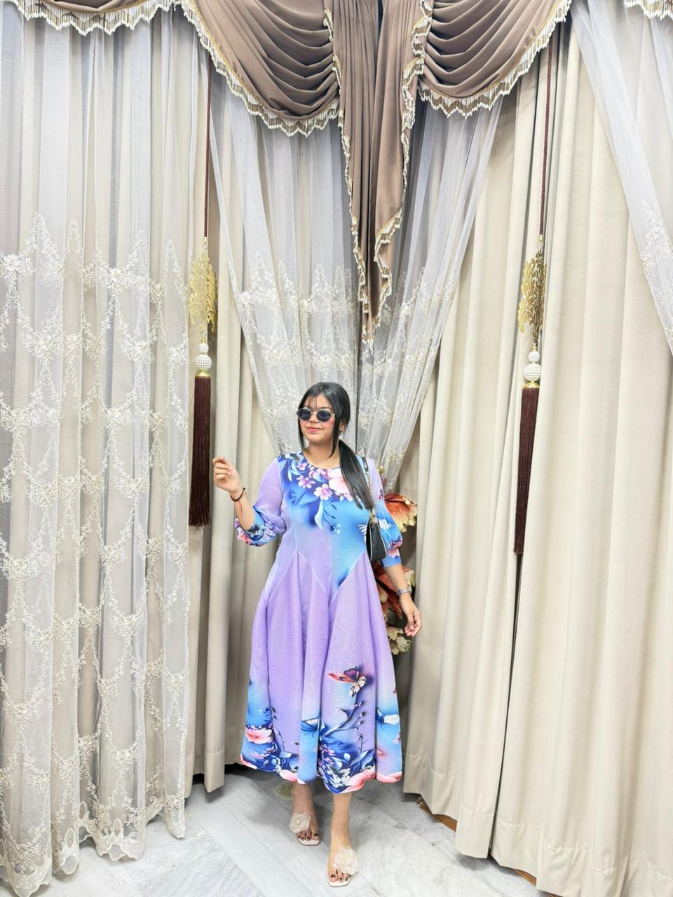 Premium Korean Magic Dress – Pastel Watercolor Floral Print | Soft Flowy Designer Dress