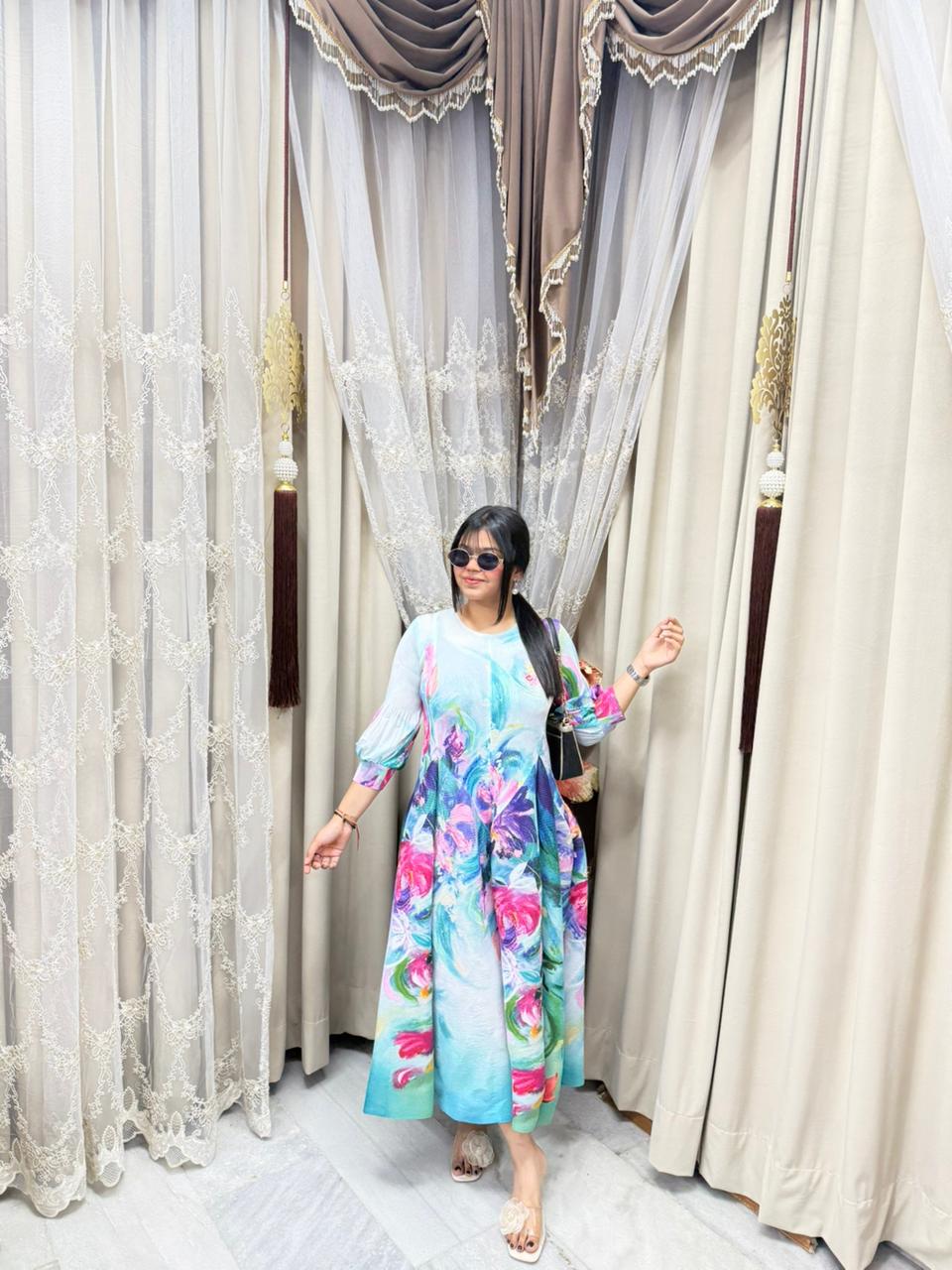 Premium Korean Magic Dress – Pastel Watercolor Floral Print | Soft Flowy Designer Dress