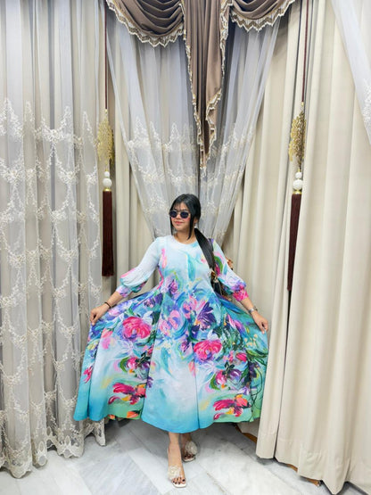 Premium Korean Magic Dress – Pastel Watercolor Floral Print | Soft Flowy Designer Dress