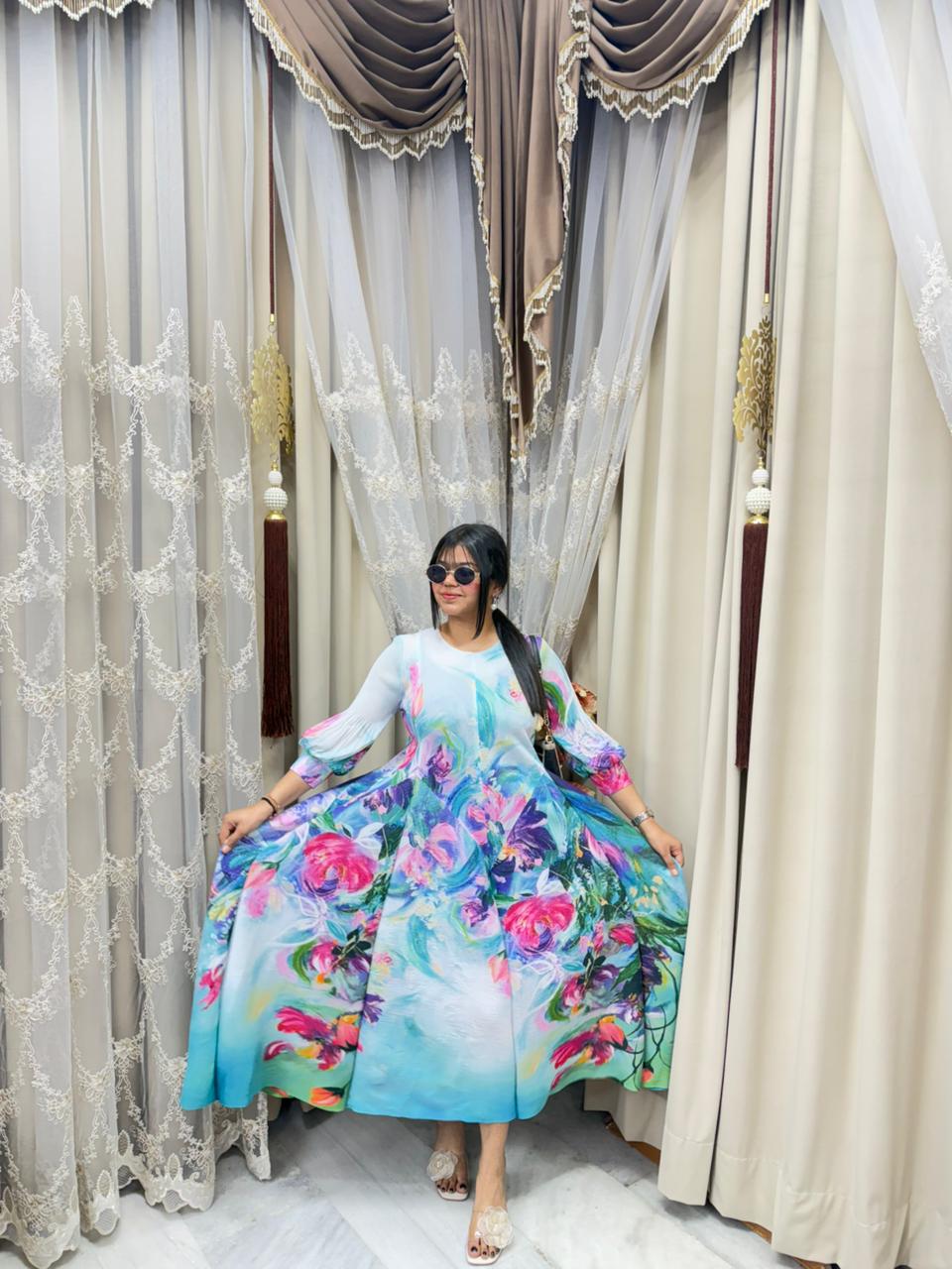 Premium Korean Magic Dress – Pastel Watercolor Floral Print | Soft Flowy Designer Dress