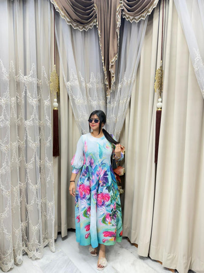 Premium Korean Magic Dress – Pastel Watercolor Floral Print | Soft Flowy Designer Dress