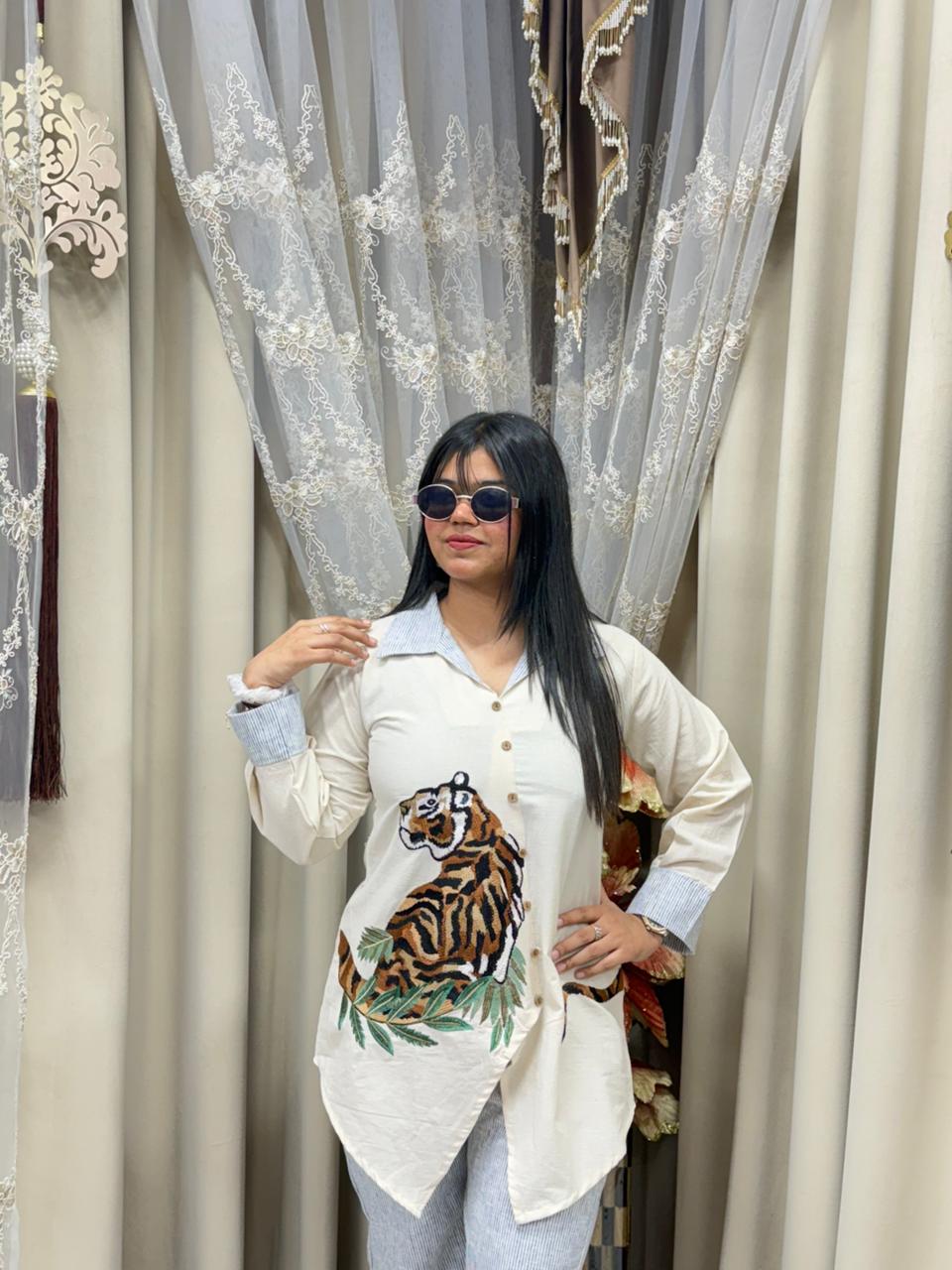 Designer Tiger Embroidery Cord Set – Pure Cotton Statement Co-ord Set
