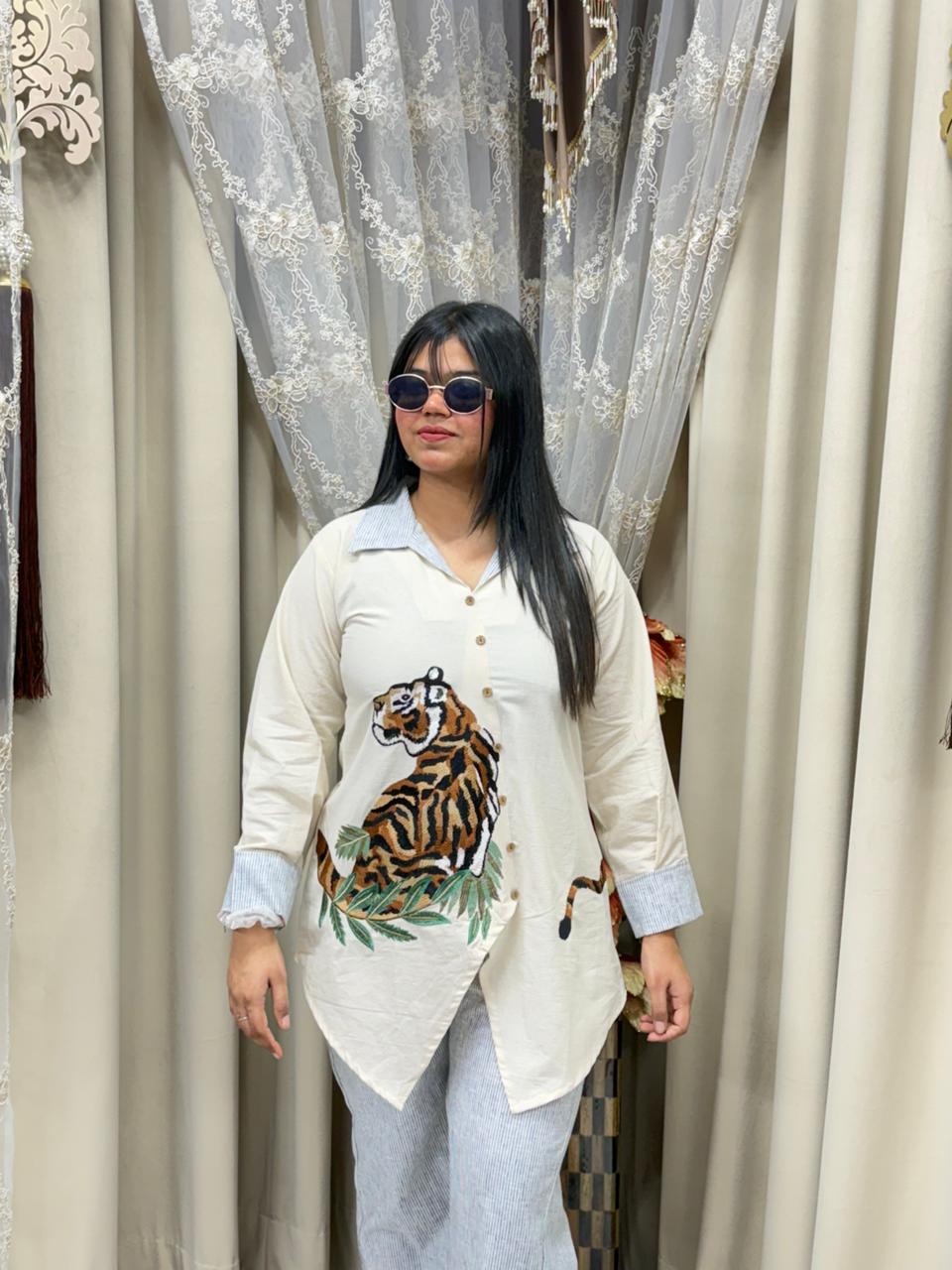 Designer Tiger Embroidery Cord Set – Pure Cotton Statement Co-ord Set