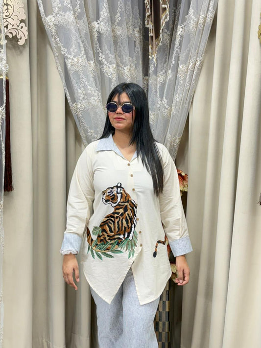 Designer Tiger Embroidery Cord Set – Pure Cotton Statement Co-ord Set