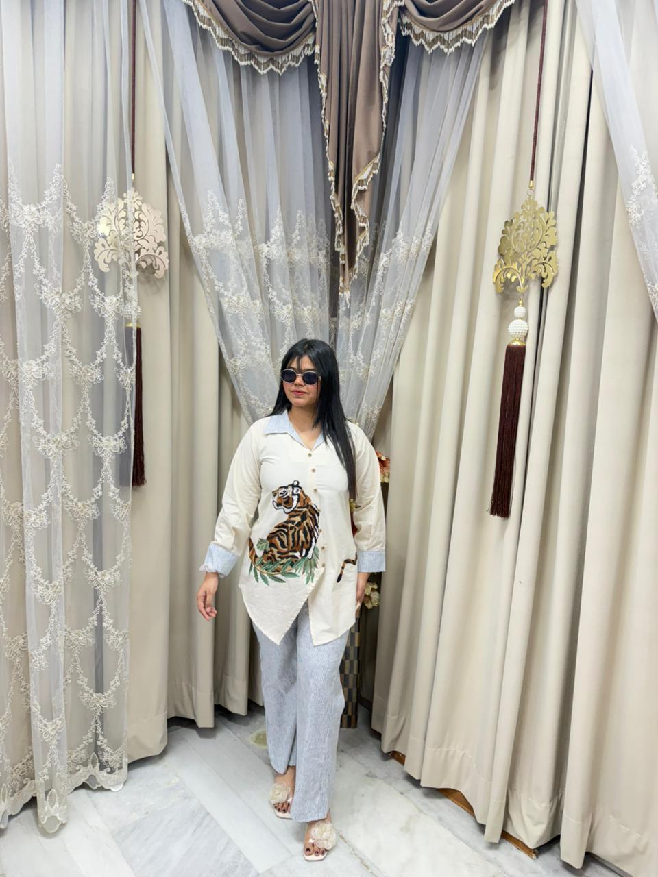 Designer Tiger Embroidery Cord Set – Pure Cotton Statement Co-ord Set