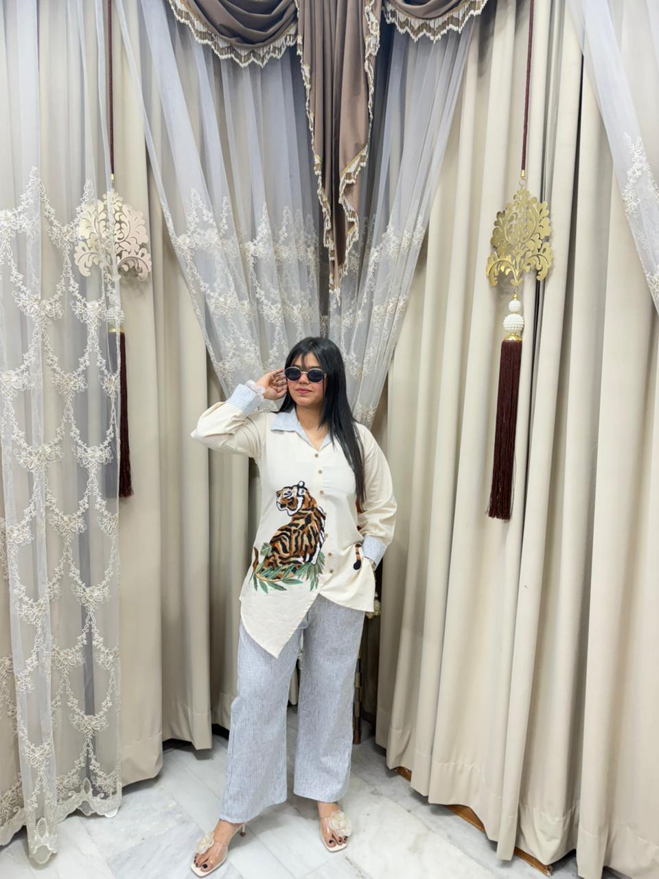 Designer Tiger Embroidery Cord Set – Pure Cotton Statement Co-ord Set