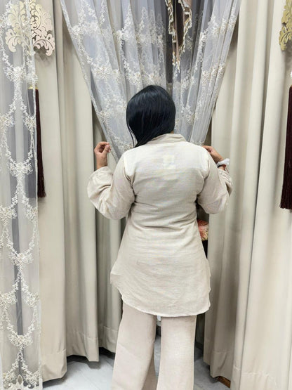 Jute Cotton Bottom Floral Embroidery Cord Set – Stylish Casual Co-ord Set