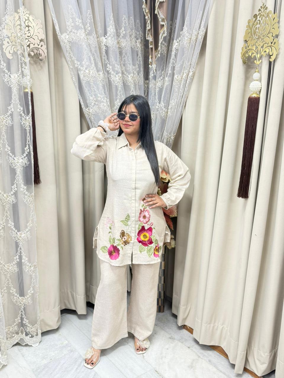 Jute Cotton Bottom Floral Embroidery Cord Set – Stylish Casual Co-ord Set