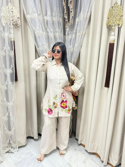 Jute Cotton Bottom Floral Embroidery Cord Set – Stylish Casual Co-ord Set