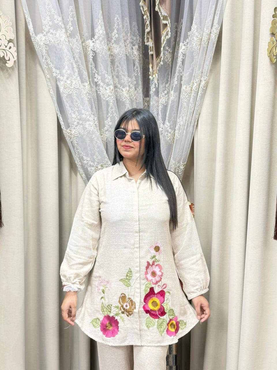 Jute Cotton Bottom Floral Embroidery Cord Set – Stylish Casual Co-ord Set