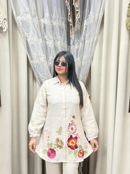 Jute Cotton Bottom Floral Embroidery Cord Set – Stylish Casual Co-ord Set