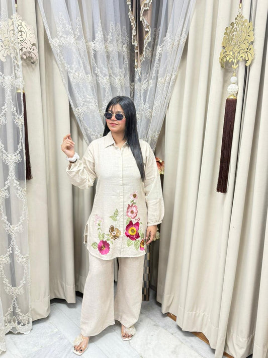 Jute Cotton Bottom Floral Embroidery Cord Set – Stylish Casual Co-ord Set