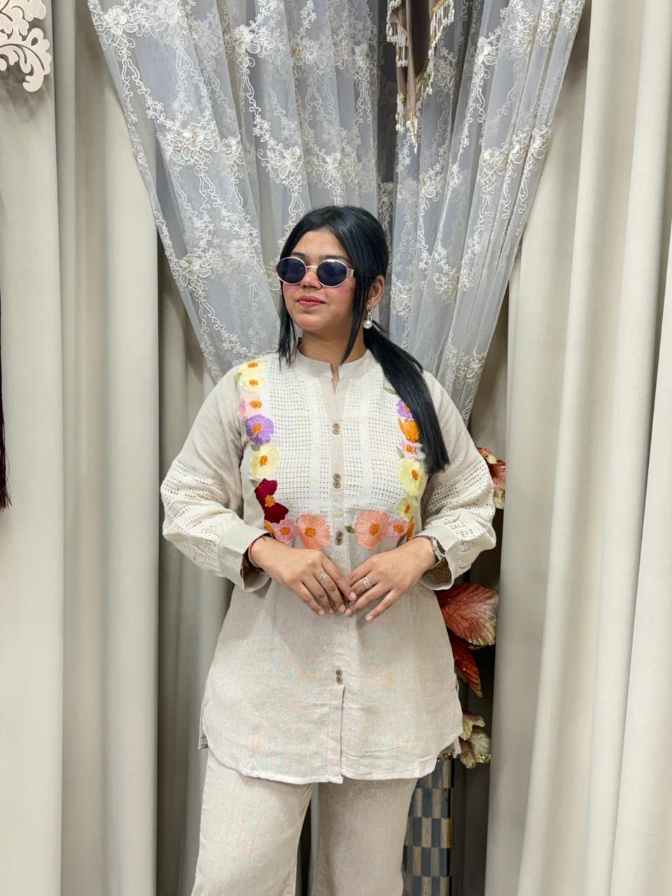 Jute Cotton Front Floral Embroidery Cord Set – Premium Straight Fit Co-ord