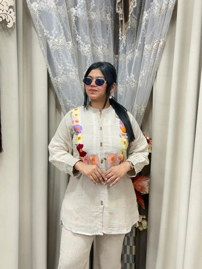 Jute Cotton Front Floral Embroidery Cord Set – Premium Straight Fit Co-ord
