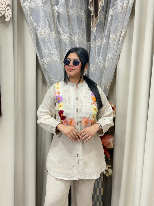 Jute Cotton Front Floral Embroidery Cord Set – Premium Straight Fit Co-ord