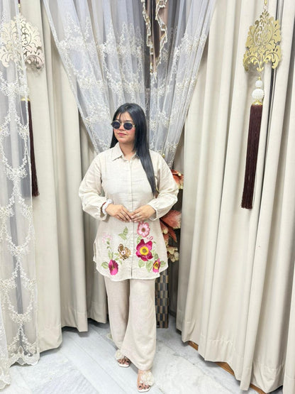 Jute Cotton Bottom Floral Embroidery Cord Set – Stylish Casual Co-ord Set