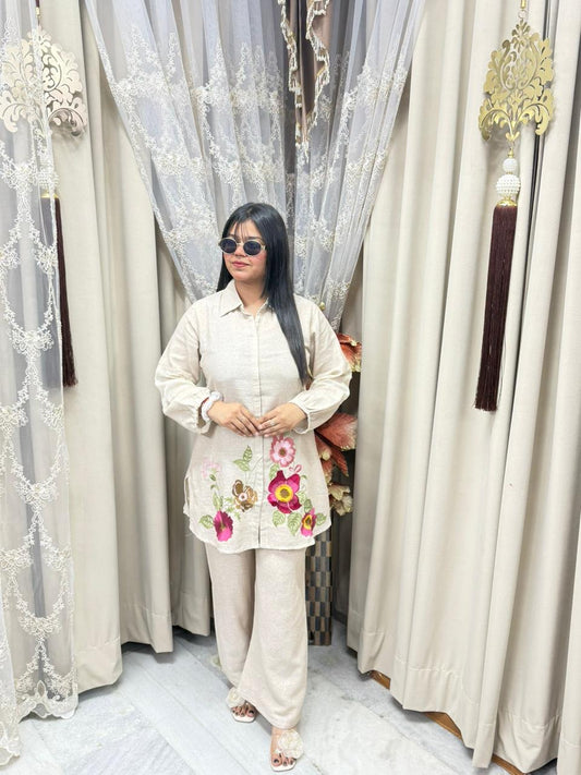 Jute Cotton Bottom Floral Embroidery Cord Set – Stylish Casual Co-ord Set