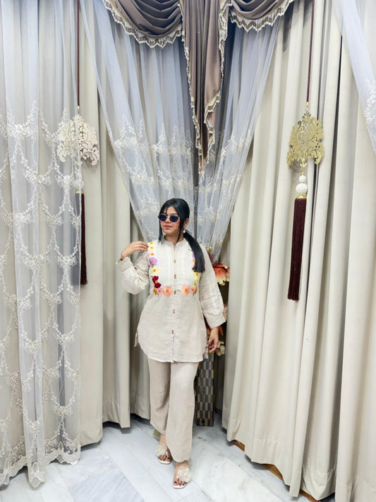 Jute Cotton Front Floral Embroidery Cord Set – Premium Straight Fit Co-ord