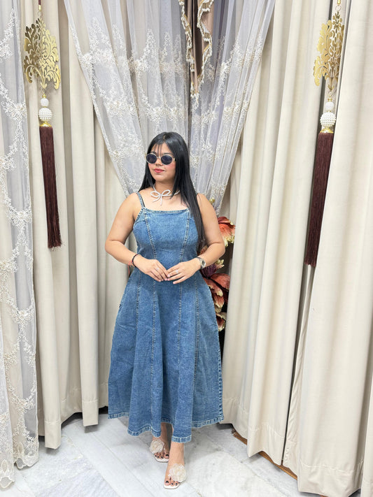 Premium Denim Pocket Dress for Women – Stylish Fit & Flare Blue Dress