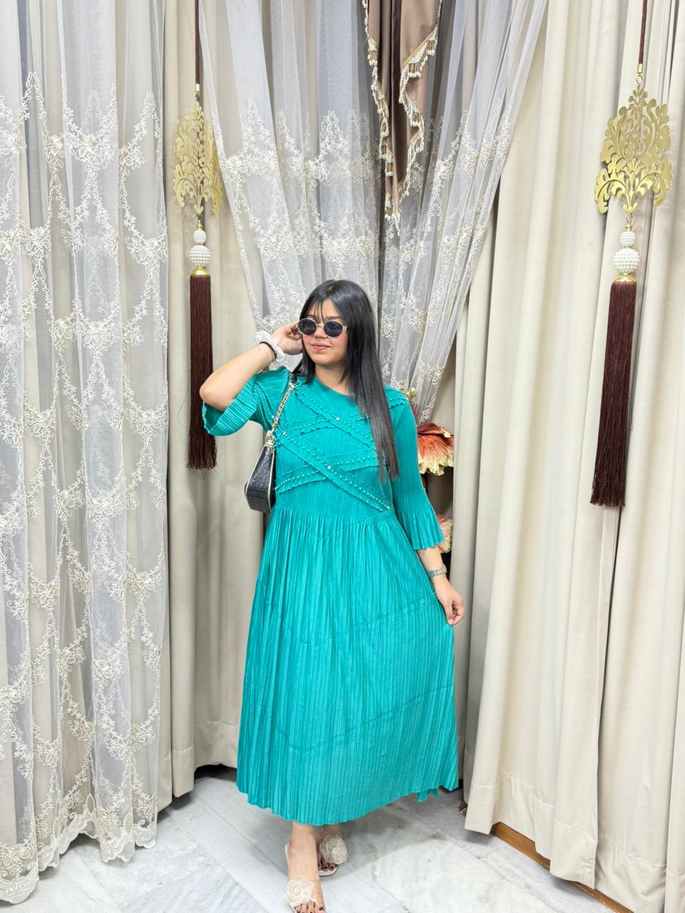 Premium Korean Magic Dress – Stylish Pleated Flowy Maxi
