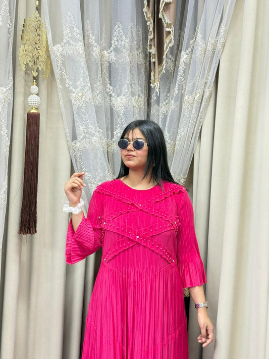 Premium Korean Magic Dress – Stylish Pleated Flowy Maxi