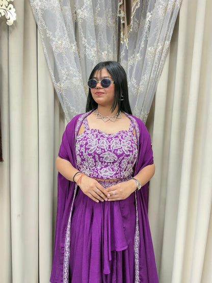Designer Chinon Silk Heavy Shrug Dress – Purple Elegant Party Wear Set
