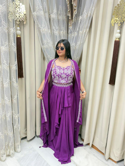Designer Chinon Silk Heavy Shrug Dress – Purple Elegant Party Wear Set