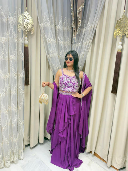 Designer Chinon Silk Heavy Shrug Dress – Purple Elegant Party Wear Set