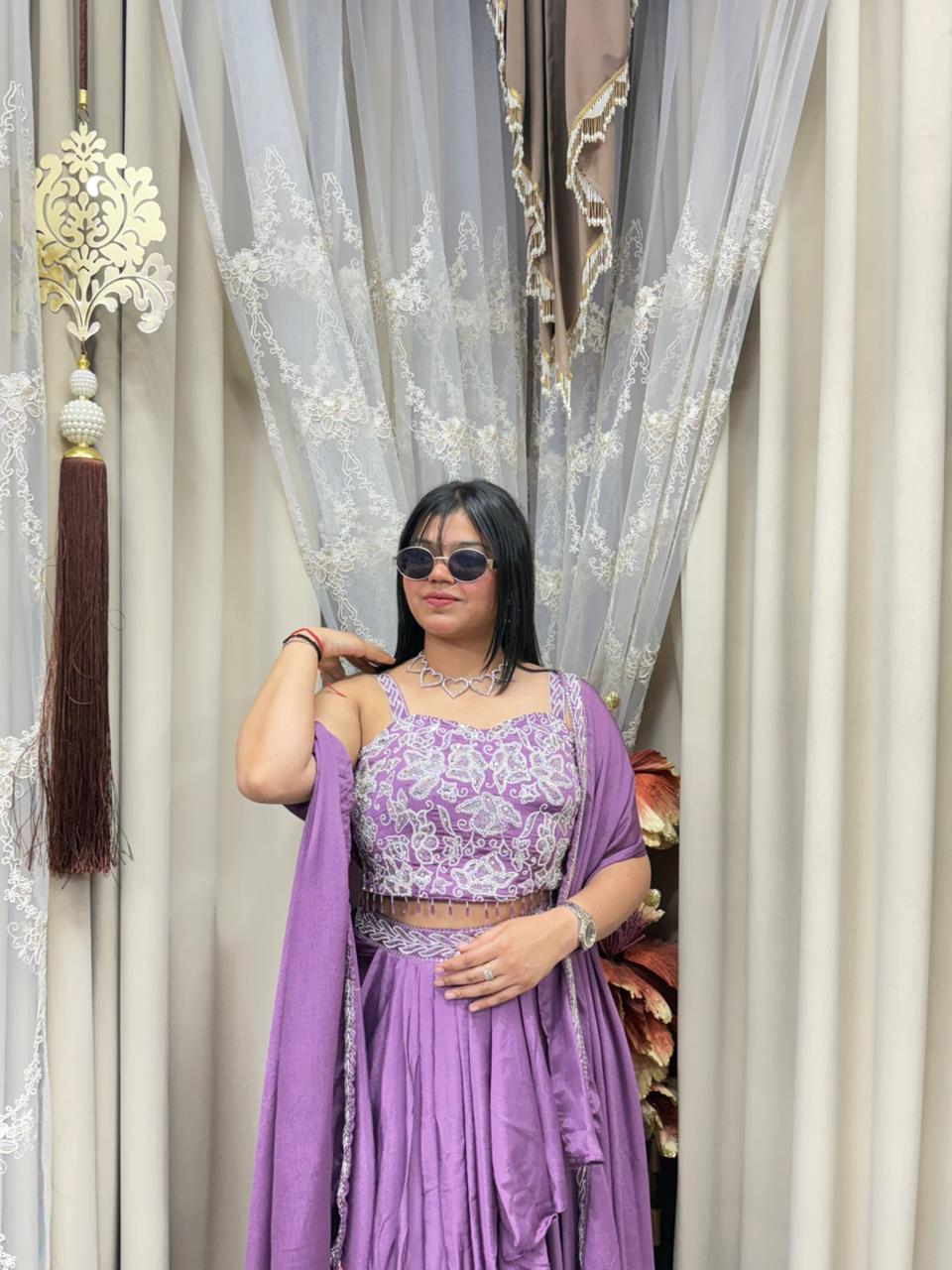 Designer Chinon Silk Heavy Shrug Dress – Purple Elegant Party Wear Set