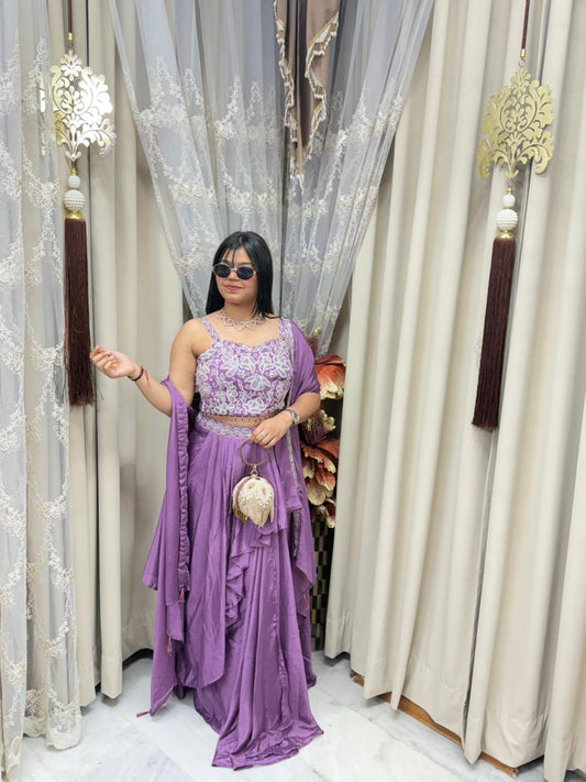 Designer Chinon Silk Heavy Shrug Dress – Purple Elegant Party Wear Set