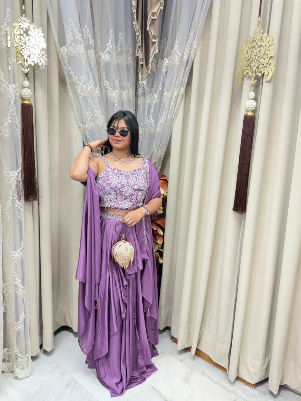 Designer Chinon Silk Heavy Shrug Dress – Purple Elegant Party Wear Set