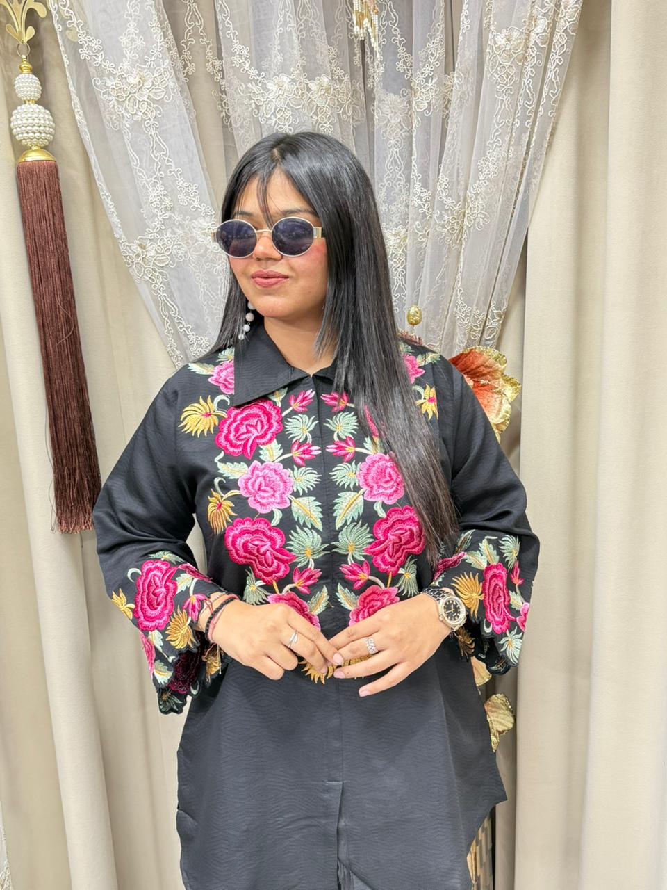 Premium Embroidery Cotton Silk Cordset for Women | Designer Floral Co-ord Set