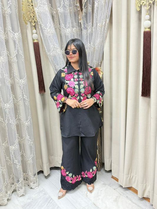 Premium Embroidery Cotton Silk Cordset for Women | Designer Floral Co-ord Set