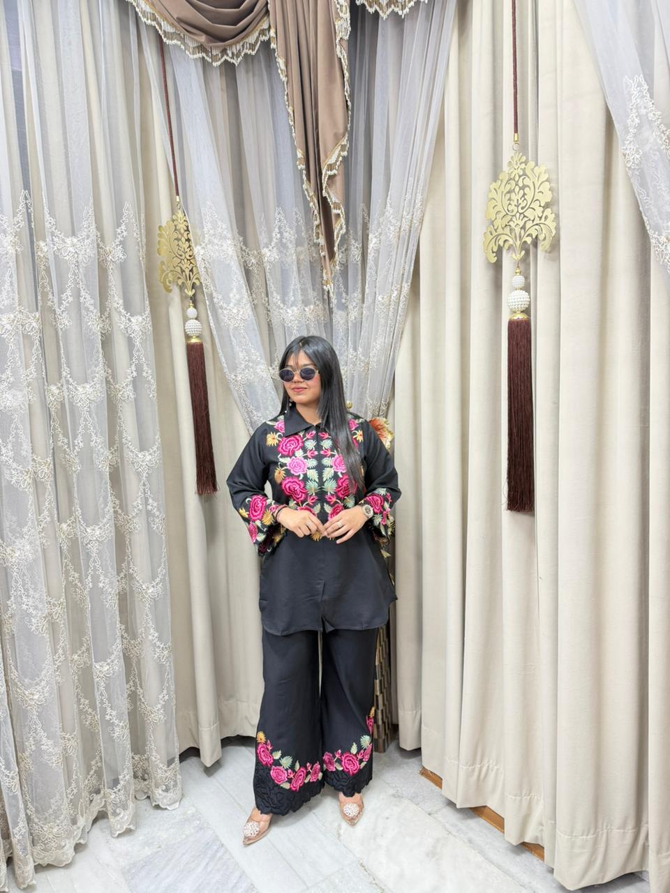 Premium Embroidery Cotton Silk Cordset for Women | Designer Floral Co-ord Set