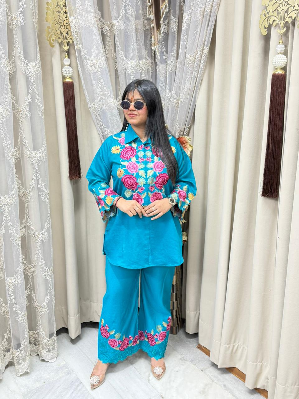 Premium Embroidery Cotton Silk Cordset for Women | Designer Floral Co-ord Set