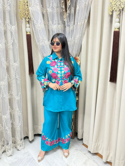 Premium Embroidery Cotton Silk Cordset for Women | Designer Floral Co-ord Set